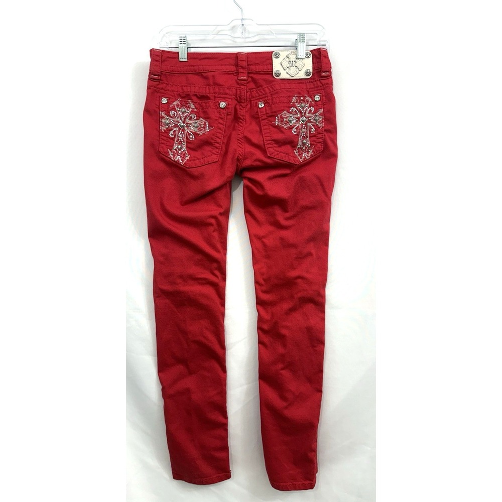 Y2K Miss Me Red Embellished Cross Rhinestone Low Rise Skinny Jeans Sz 28 *FLAW